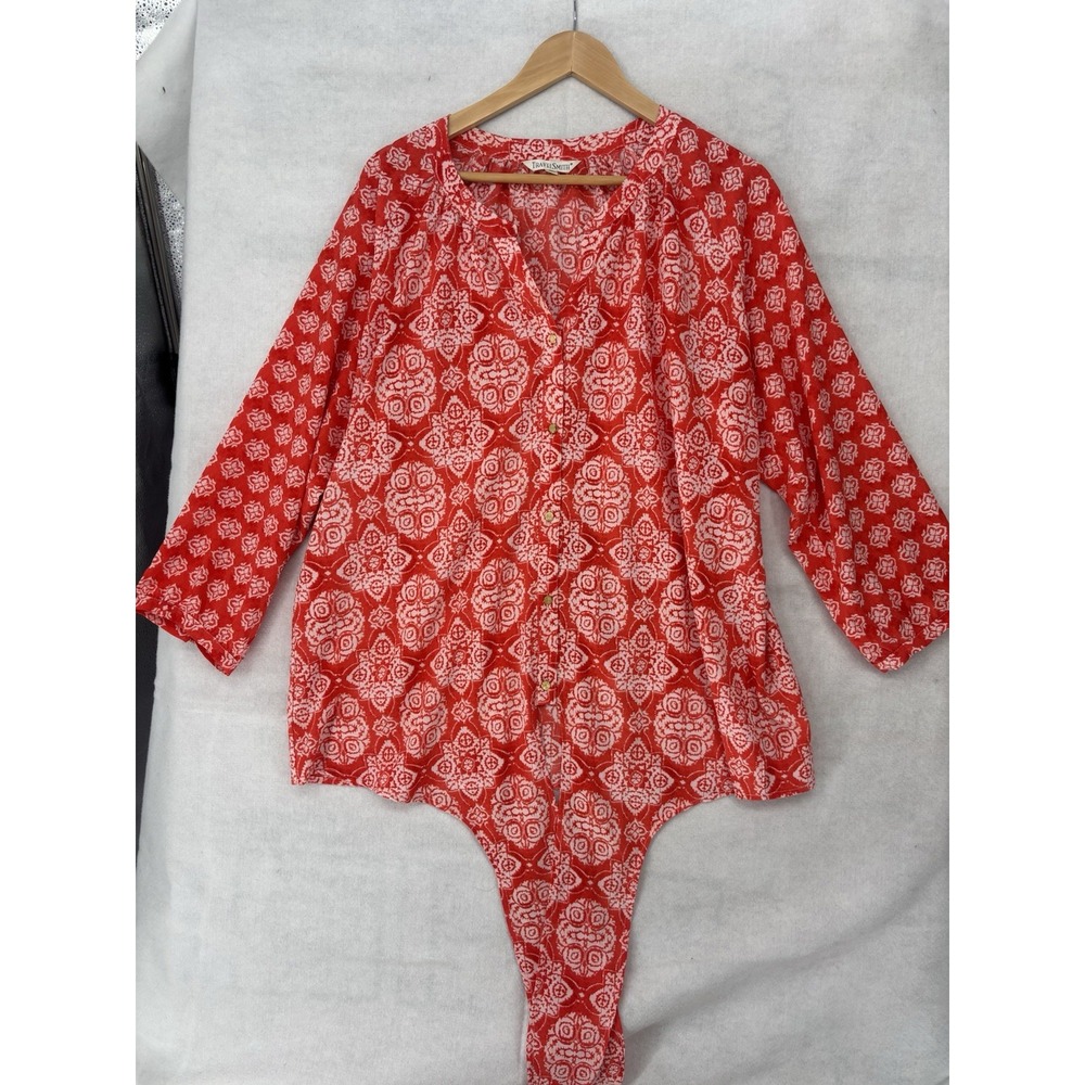 Travel Smith Geometric Button Up Tie Front Blouse Top XL Orange Gold Button